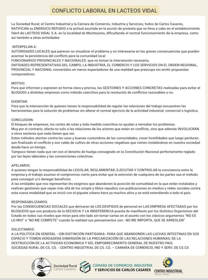 El comunicado de tres entidades locales para que se solucione el problema en Moctezuma