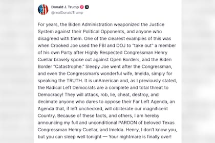 El comunicado de Trump sobre el indulto a Henry Cuellar