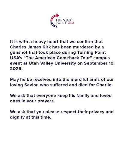 El comunicado de Turning Point USA tras la muerte de Charlie Kirk (Fuente: X @TPUSA)