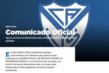 El comunicado de Vélez luego de la denuncia por abuso contra cuatro jugadores