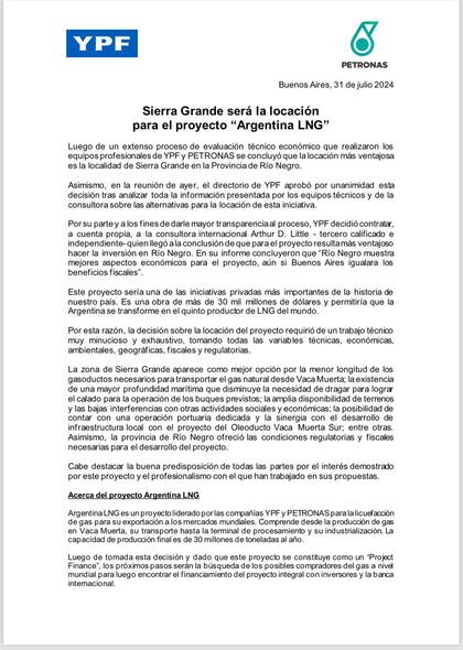 El comunicado de YPF y Petronas.