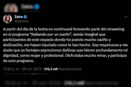 El comunicado de Zaira Nara para anunciar su renuncia (Captura Twitter)