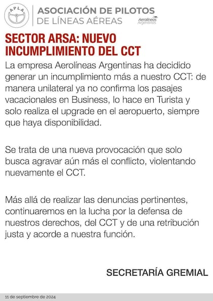 El comunicado del gremio