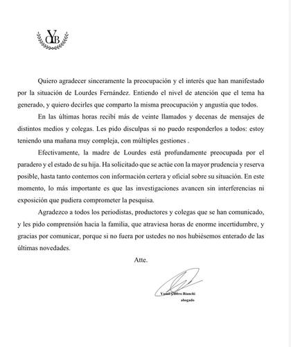 El comunicado del abogado de Lourdes