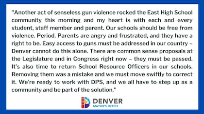 El comunicado del alcalde de Denver, Michael Hancock, sobre el tiroteo de este miércoles en East High School