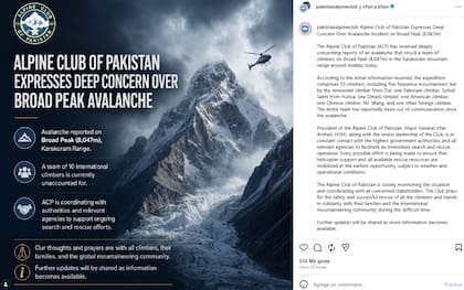 El comunicado del Alpine Club de Pakistán (Foto: Instagram @pakistanalpineclub)