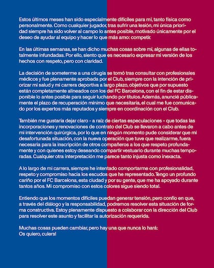 El comunicado del arquero alemán Marc André Ter Stegen
