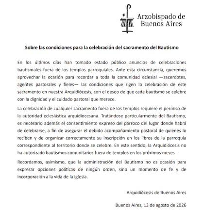 El comunicado del Arzobispado de Buenos Aires contra los "bautismos comunitarios" convocados frente a San José 1111
