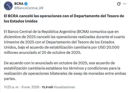 El comunicado del BCRA sobre la cancelación del swap con Estados Unidos