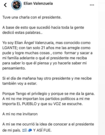 El comunicado del cantante. Fuente: Facebook