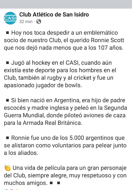 El comunicado del CASI con la despedida a Ronnie Scott, "un emblemático socio de nuestro club"