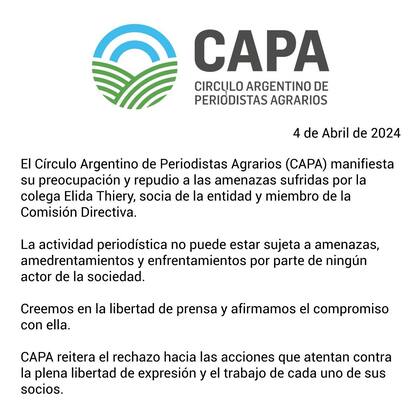 El comunicado del Círculo Argentino de Periodistas Agrarios (CAPA), que se solidarizó con la periodista
