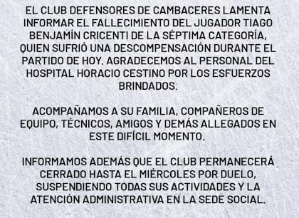 El comunicado del club tras la muerte del joven futbolista