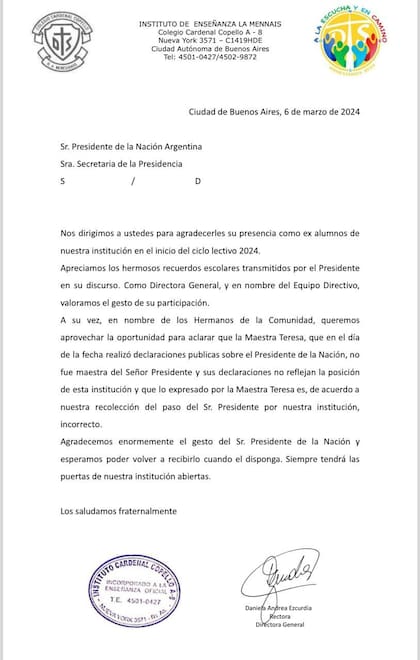 El comunicado del colegio Copello