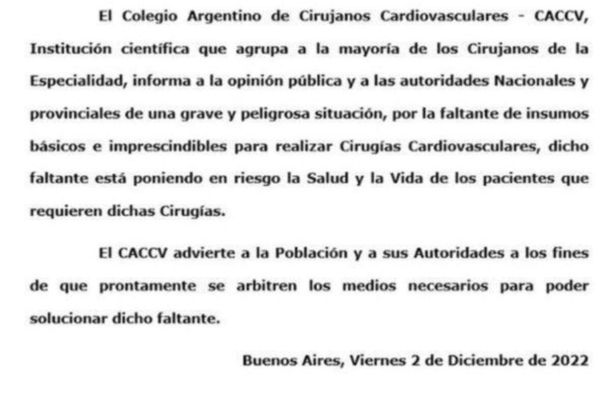 El comunicado del Colegio Argentino de Cirujanos Cardiovasculares