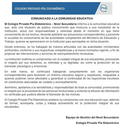 El comunicado del colegio tras lo ocurrido