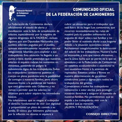El comunicado del Consejo Directivo de Camioneros contra el gobierno de Javier Milei
