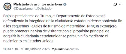 El comunicado del DOS ocurre en medio del litigio Trump v. Barbara, que se centra en la Orden Ejecutiva 14.160