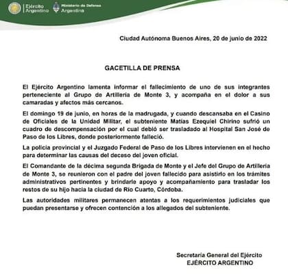 El comunicado del Ejército argentino, tras la muerte de un subteniente