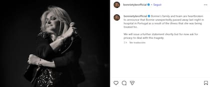 El comunicado del entorno de Bonnie Tyler al anunciar su muerte
