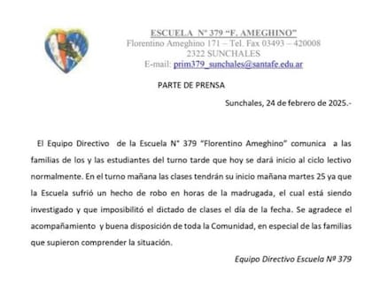 El comunicado del establecimiento educativo sobre lo ocurrido.