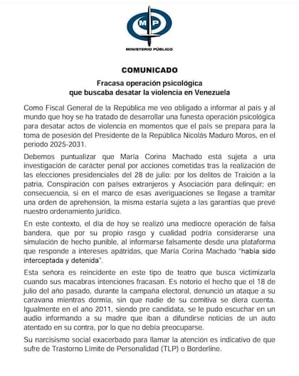 El comunicado del Fiscal General de Venezuela