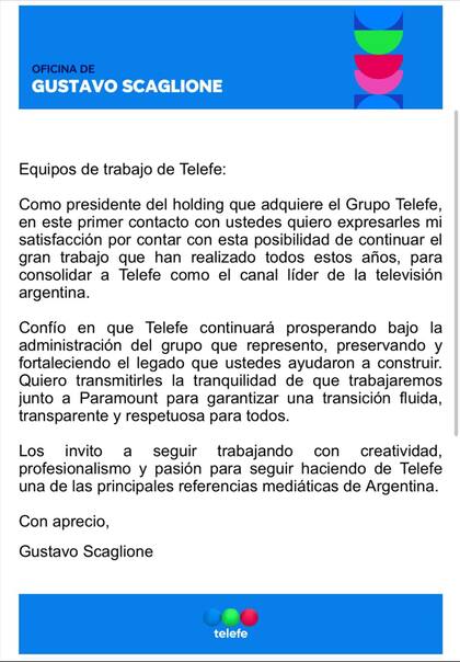 El comunicado del flamante dueño de Telefe