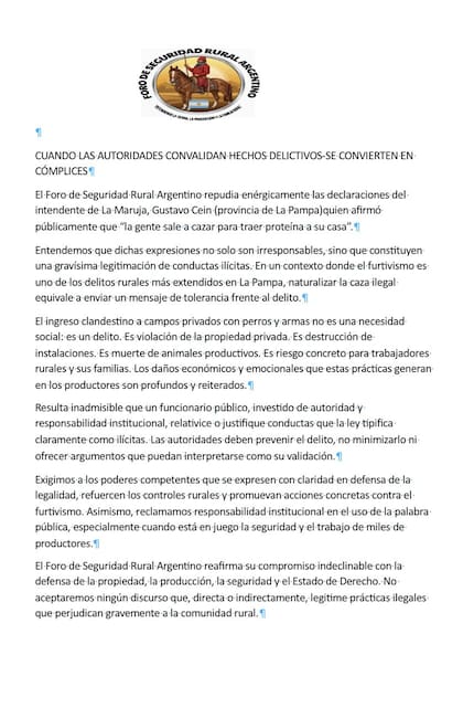 El comunicado del Foro de Seguridad Rural Argentino