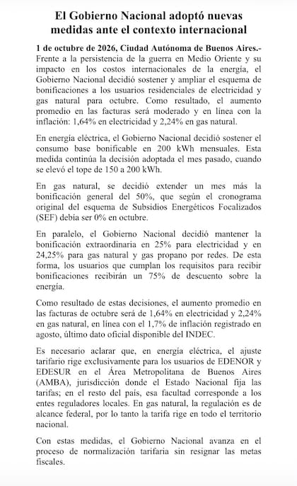El comunicado del Gobierno sobre los aumentos