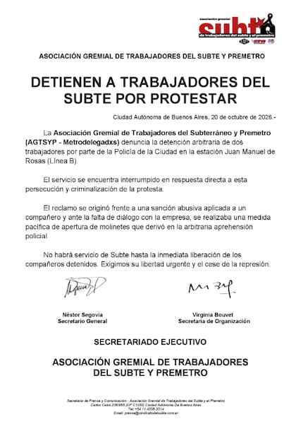 El comunicado del gremio tras la detención de sus delegados