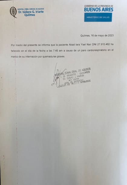 El comunicado del Hospital Iriarte, donde murió Nair Abad