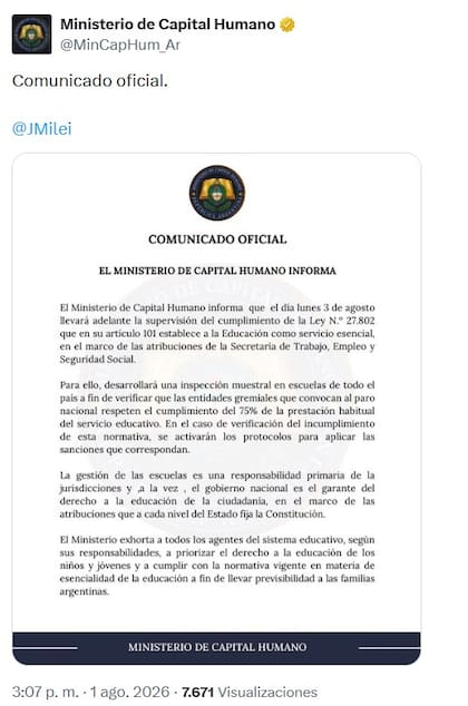 El comunicado del Ministerio de Capital Humano