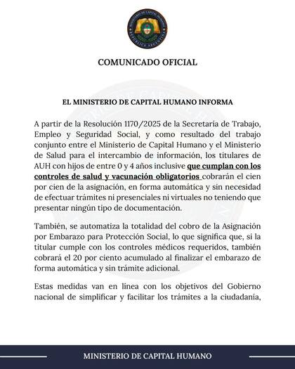 El comunicado del Ministerio de Capital Humano