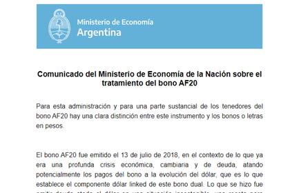 El comunicado del Ministerio de Economía sobre el tratamiento del bono AF20
