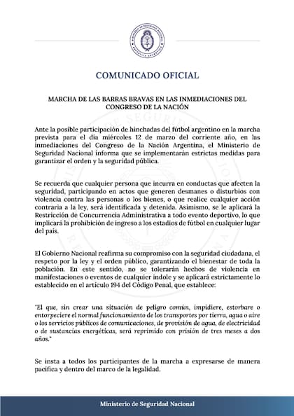 El comunicado del ministerio de Seguridad sobre las medidas que se tomarán en la marcha de jubilados de este miércoles 12 de marzo