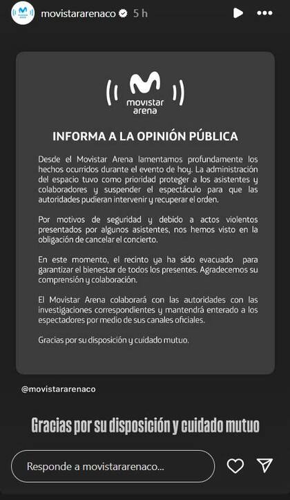 El comunicado del Movistar Arena en Instagram (@movistararenaco)