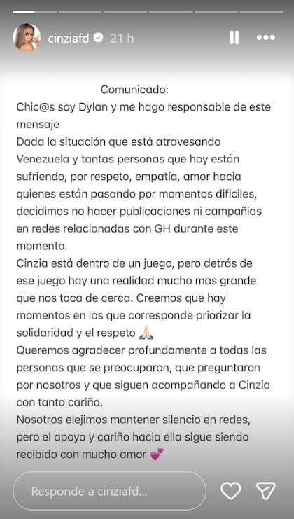 El comunicado del novio de Cinzia de Gran Hermano tras los terremotos en Venezuela (Captura: Instagram @cinziafd)