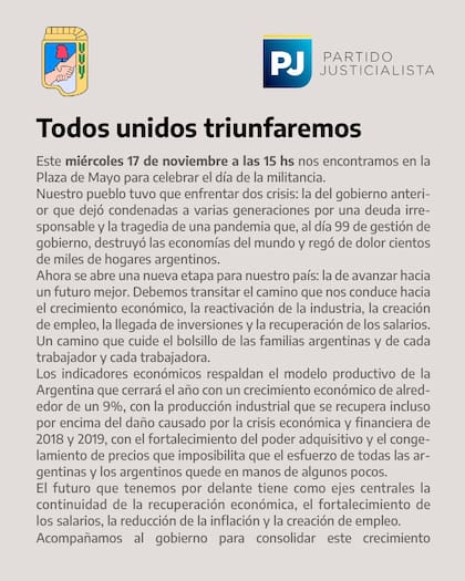 El comunicado del Partido Justicialista