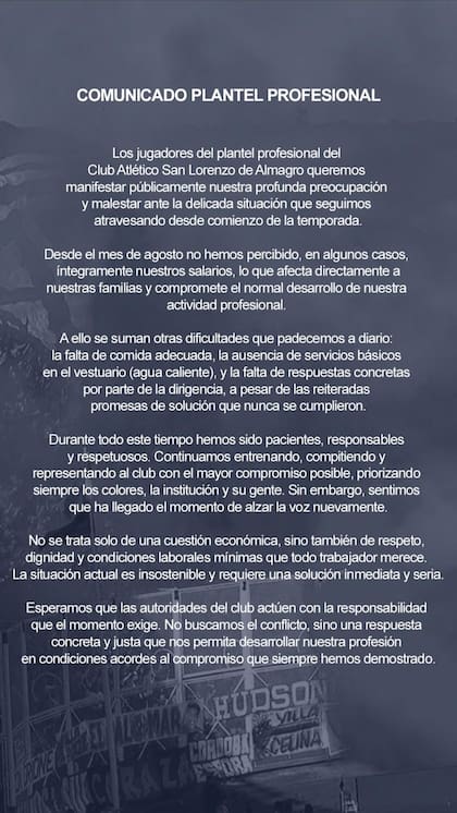 El comunicado del plantel profesional de San Lorenzo ante las promesas incumplidas de los dirigentes y una situación que considera "insostenible": salarios impagos y falta de agua caliente, entre otras irregularidades.