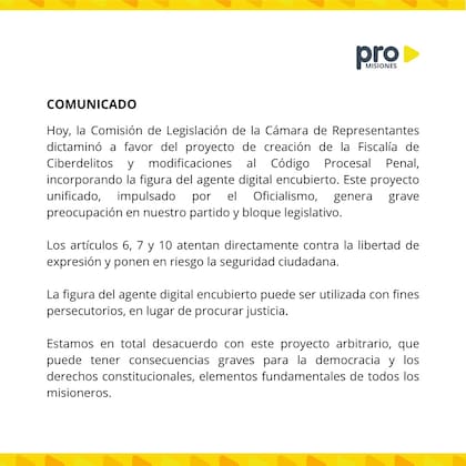 El comunicado del PRO el miércoles, cuando el proyecto se aprobó en Comisión. Las objeciones del radicalismo son similares.