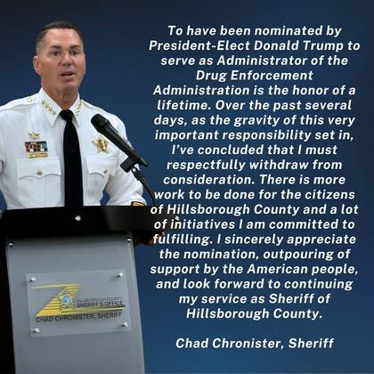 El comunicado del sheriff del condado de Hillsborough en Florida, quien fue nominado por Trump a dirigir la DEA