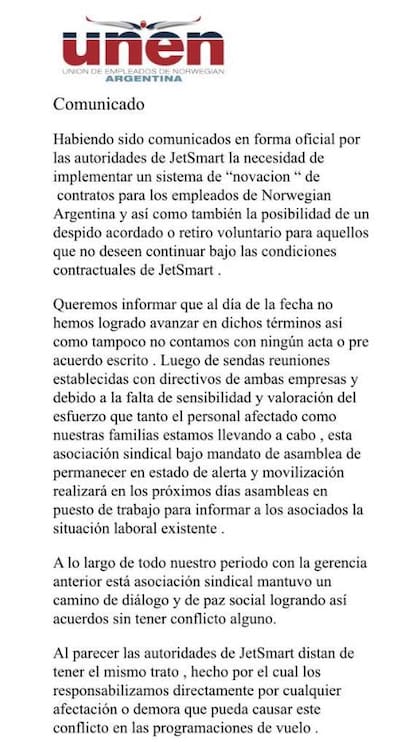 El comunicado del sindicato UNEN