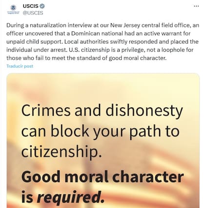 El comunicado del Uscis donde advierte que "el buen carácter moral es un requisito" para obtener la ciudadanía de EE.UU.