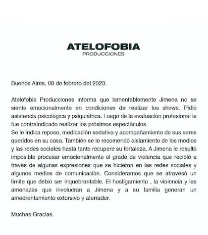 El comunicado difundido por la productora Atelofobia acerca del estado de salud de Jimena Barón