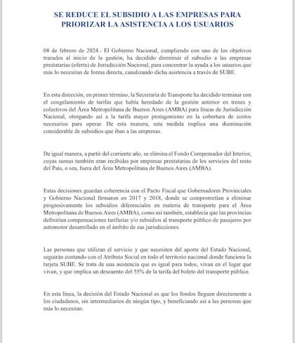 El comunicado difundido por la Secretaría de Transporte.