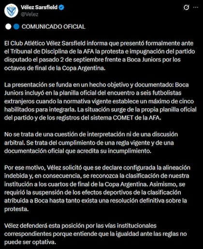 El comunicado donde Vélez pide la impugnación del partido contra Boca