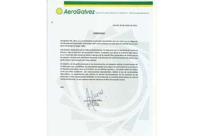 El comunicado emitido en junio por parte de Aerogálvez