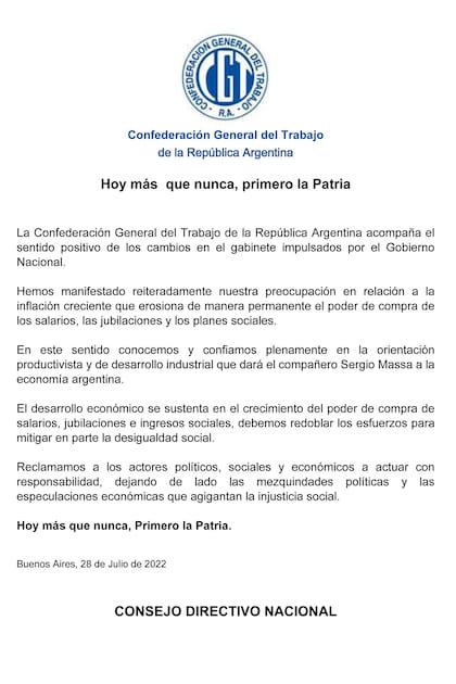 El comunicado emitido por la CGT