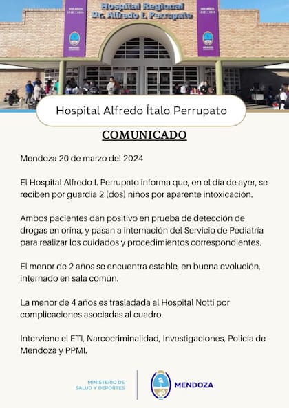 El comunicado en donde informan sobre el parte médico de los menores