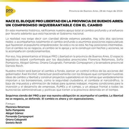 El comunicado en el que los diputados y senadores que responden a Bullrich anuncian la ruptura